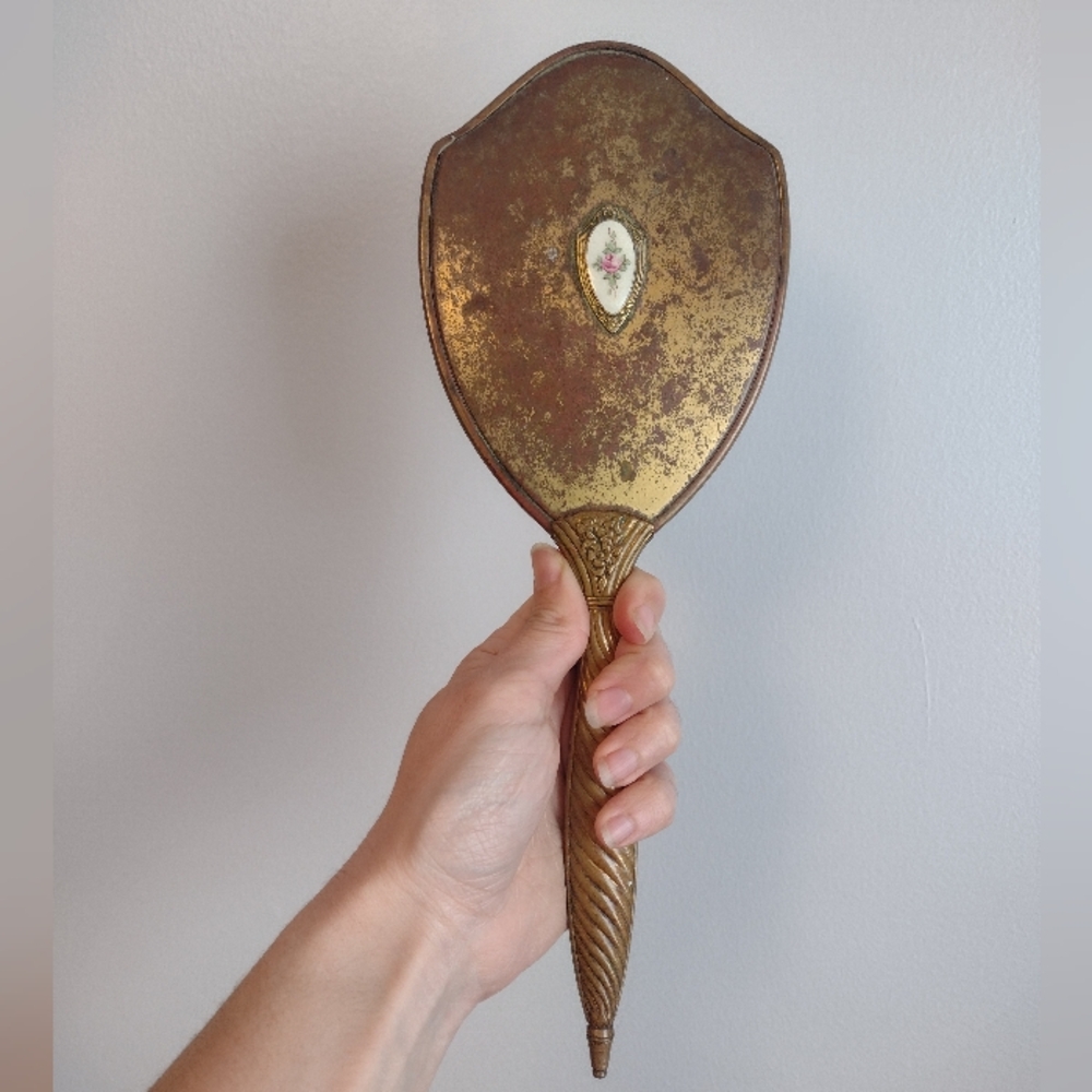 Antique Brass & Enamel Handheld Vanity Mirror
